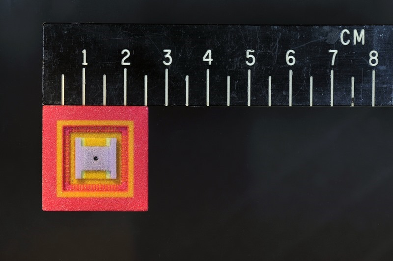 This is a to scale 3D printed model of the SiN-VAPOR sensor in an example package. The colors have been added to differentiate the various components that make up the package and sensor. POC Chris Field of code 6181